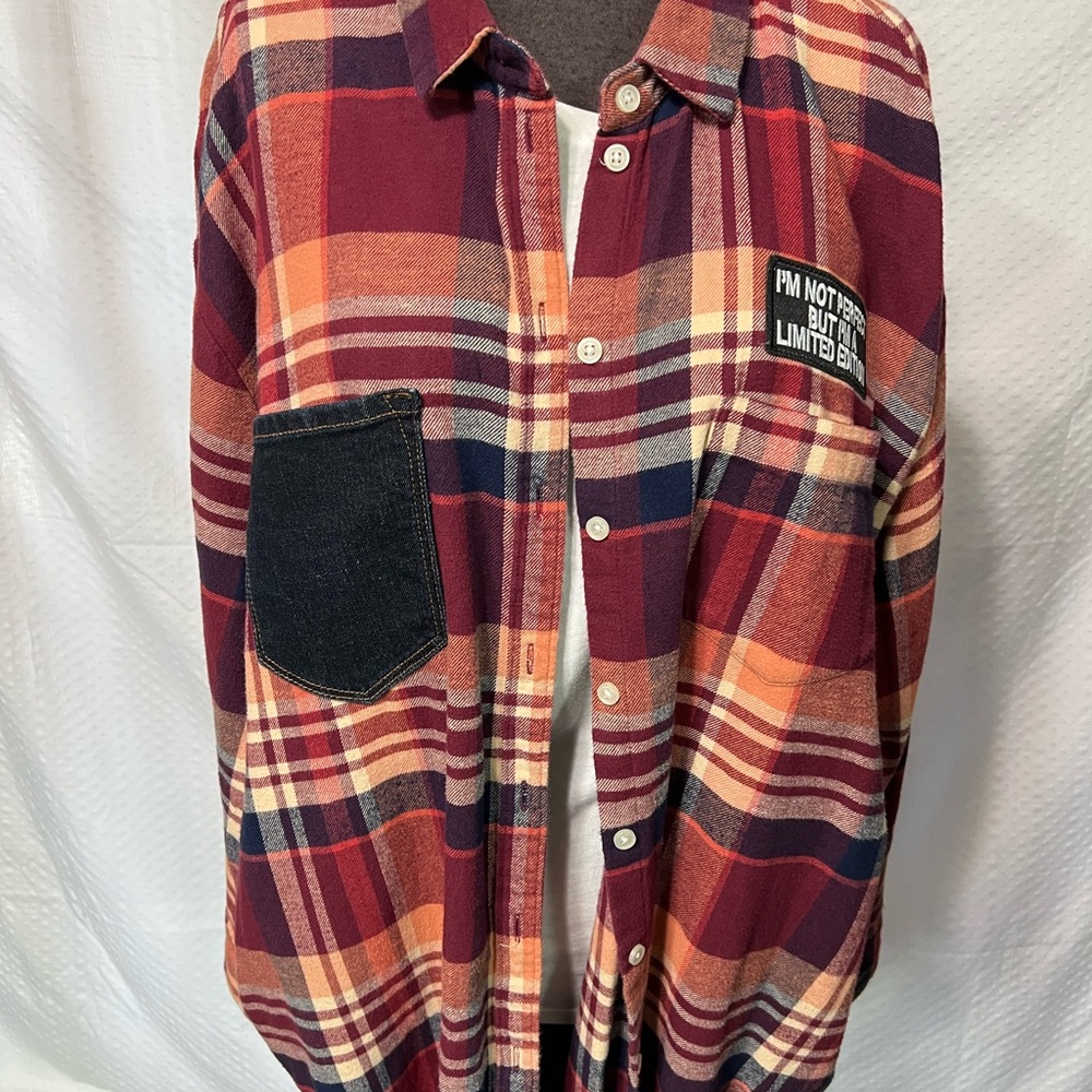 Upcycled Plaid Surf Team Shirt - Red and Orange - Picture 2 of 4